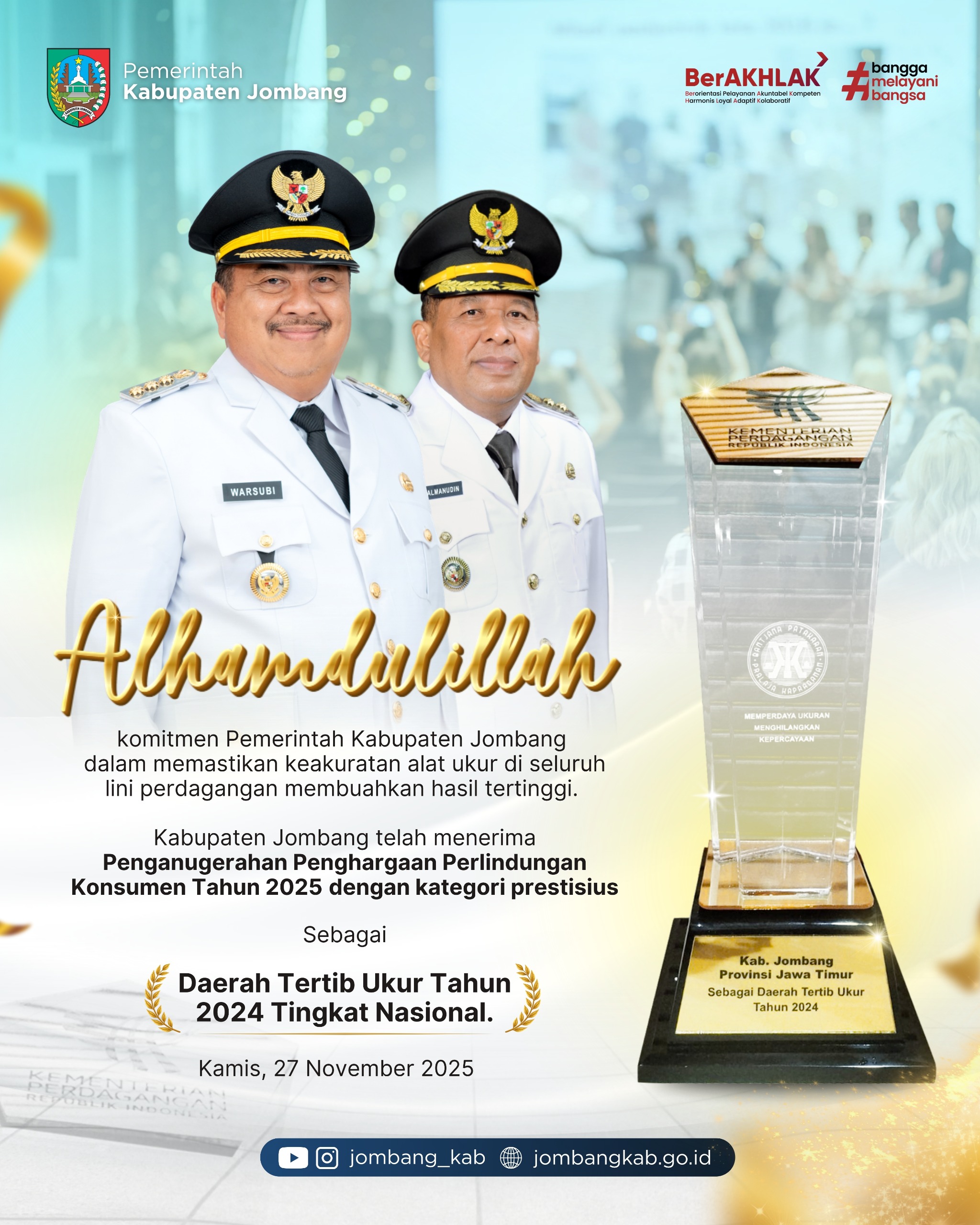 Jombang Raih Penghargaan Bergengsi ‘Daerah Tertib Ukur Tingkat Nasional’ dari Kemendag RI
